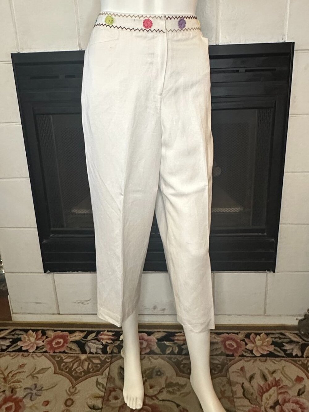 Larry Levine linen pants rayon lining white embroidered capri comfort size 12